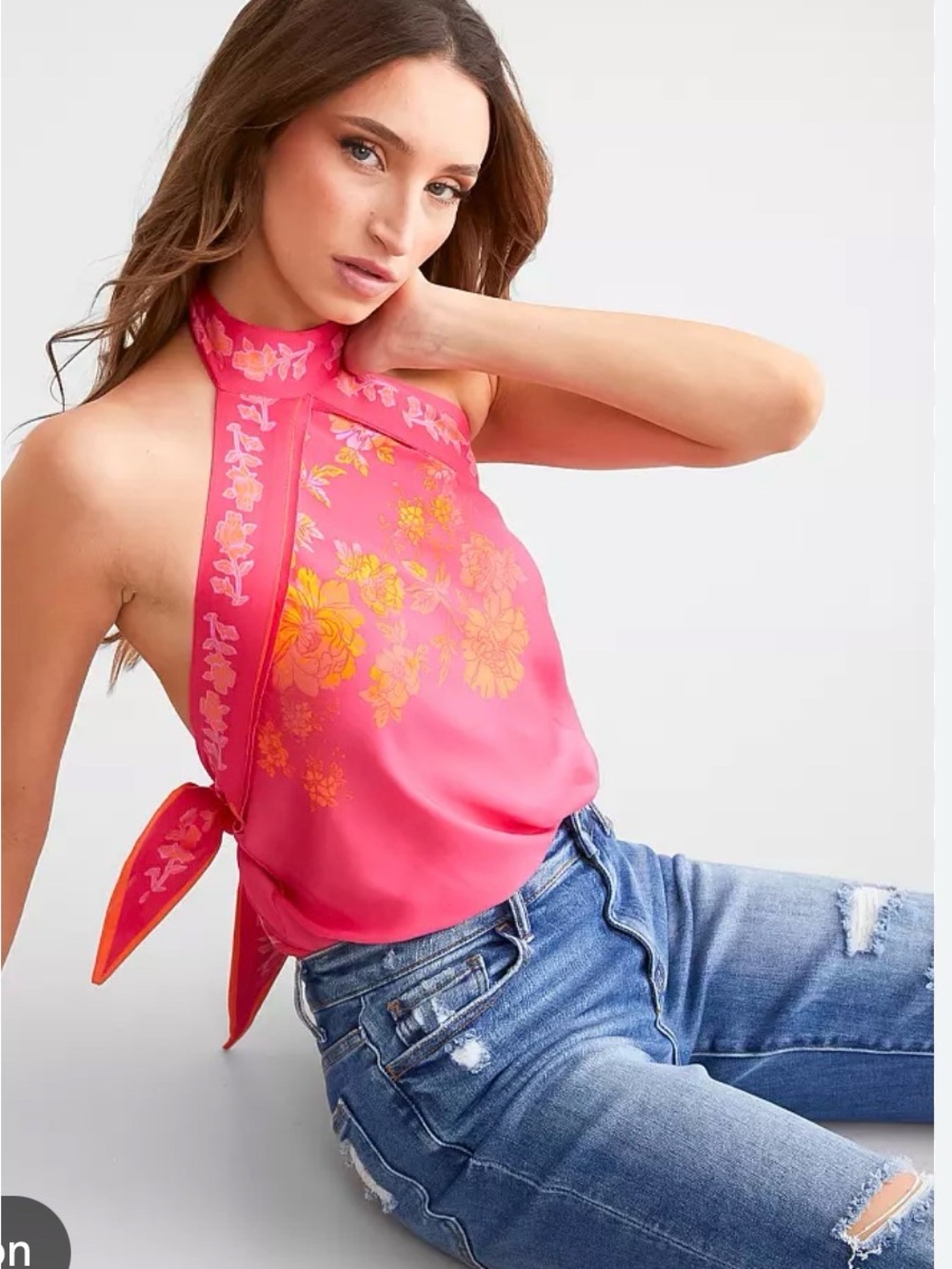 Free People Pink Floral Halter Bodysuit with Orange Floral